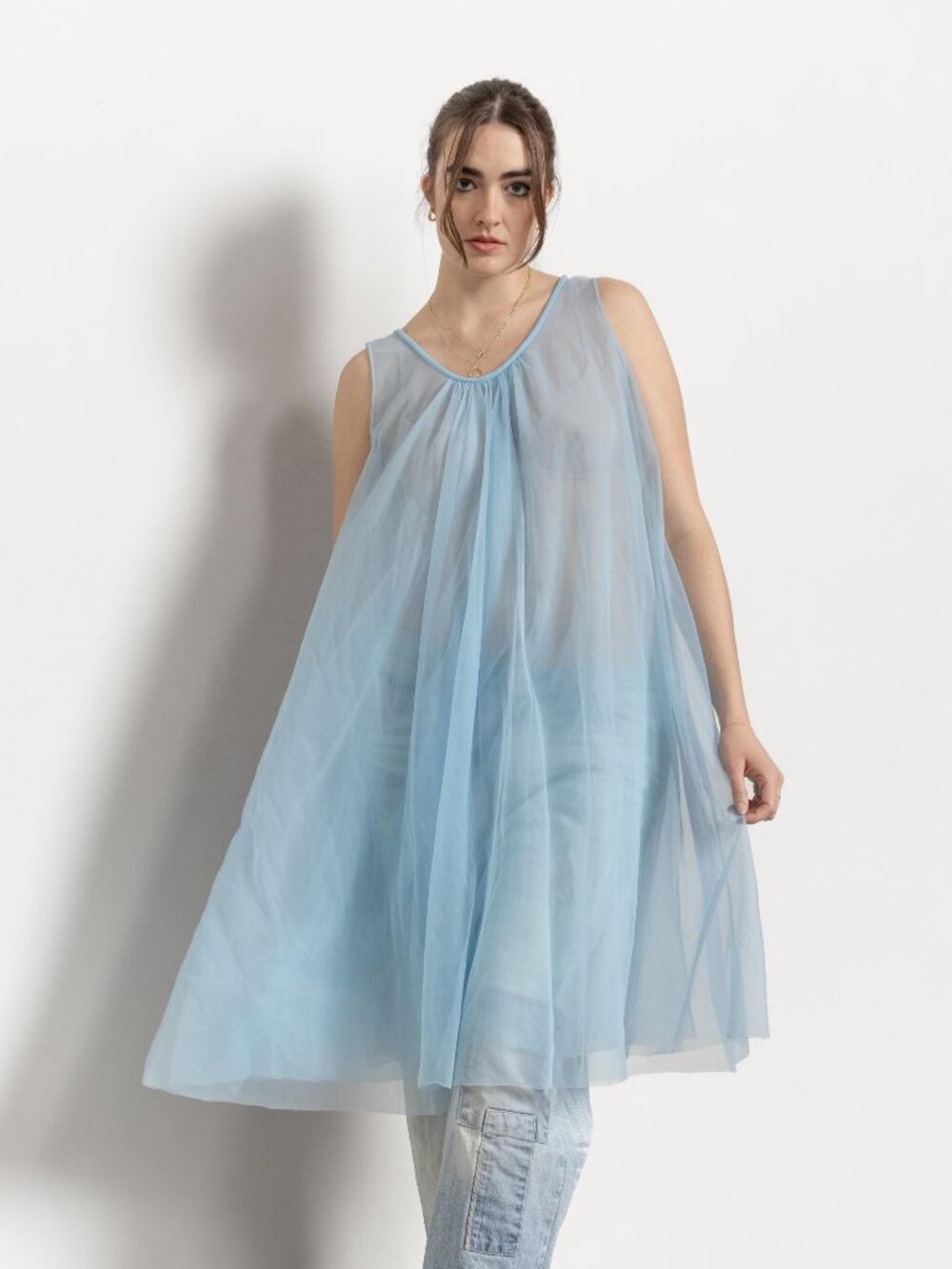 BLUE NIGHTIE Mesh Nylon Tent Dress Sheer See Through 70's Vintage / Medium